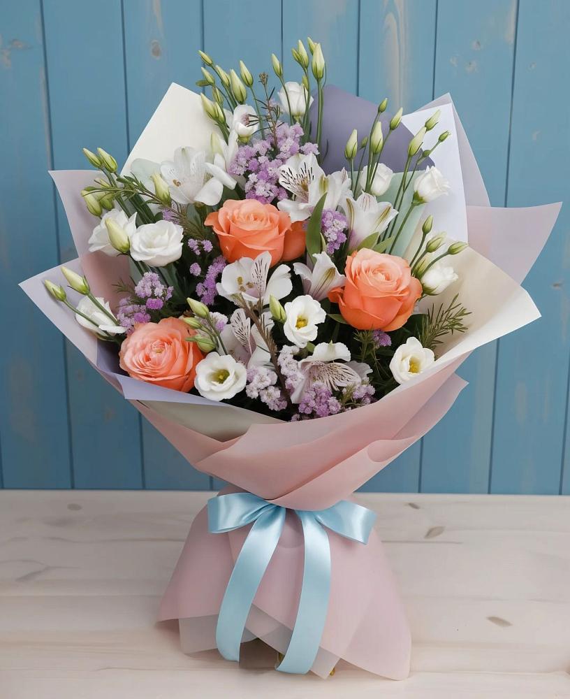 Букет цветов из: Лизиантусы, Розы, Альстромерии и Гипсофила в Горячеводском